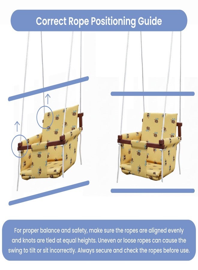 Cherilo Wooden Swing for Kids 6 Months to 5 Years | Indoor Outdoor Hanging Jhula for Kids | Comfortable & Safe Swing with 2 Cushions and Safety Belt | Strong Wooden Frame Swing for Baby - Honey Bee - Image 4